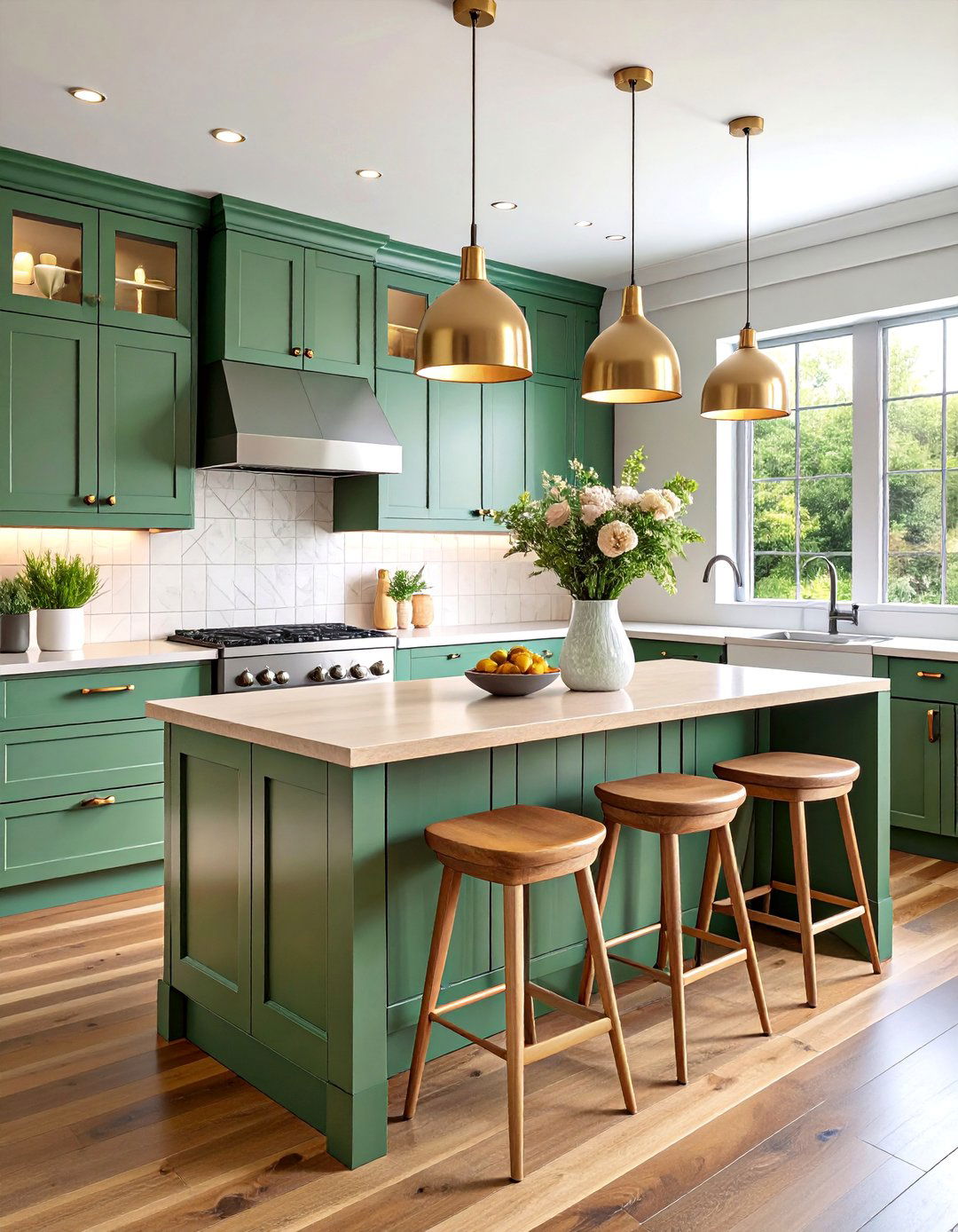Two Tone Sage Green Kitchen with Butcher Block Breakfast Bar - 25 Sage Green Kitchen Cabinets With Butcher Block Countertops