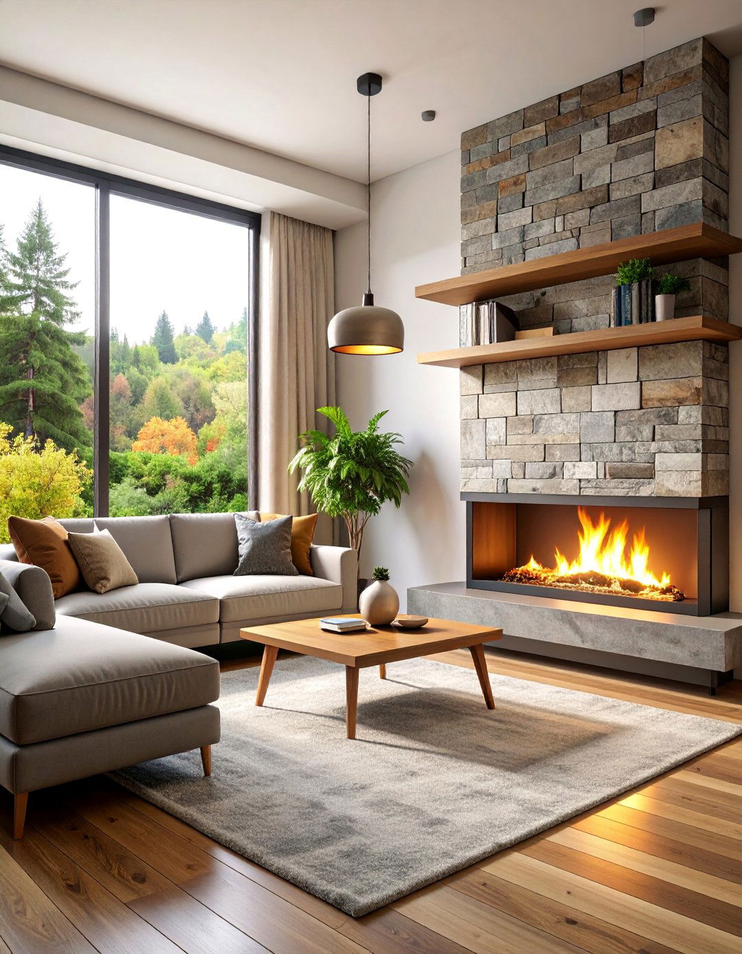 Two Toned Faux Stone Fireplace with Floating Shelves - 25 Faux Stone Fireplace Ideas
