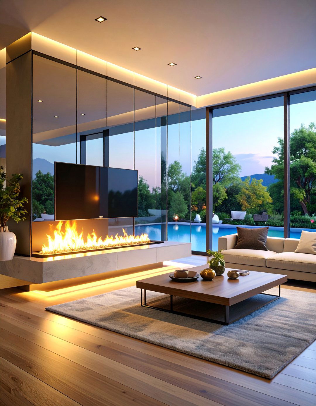 Ultra Modern Glass and Steel Linear Fireplace with Floating TV Panel - 25 Linear Fireplace Ideas With Tv Above
