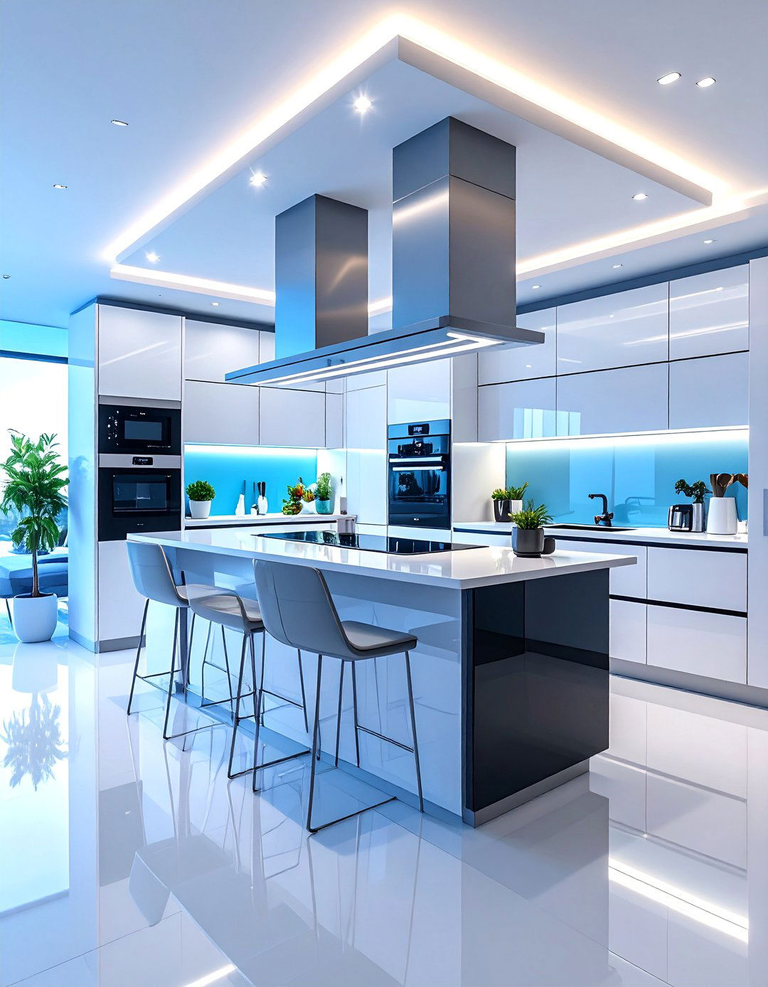 Ultra Modern White Kitchen with Black Island and Smart Technology - 25 white kitchen ideas with black island