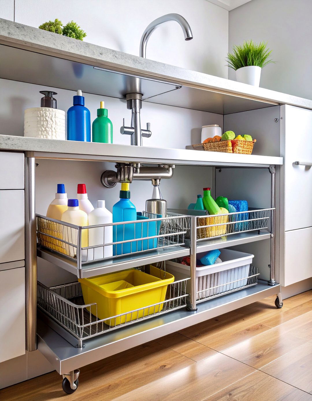 Under Sink Sliding Basket System - 25 Kitchen Cabinet Organization Ideas