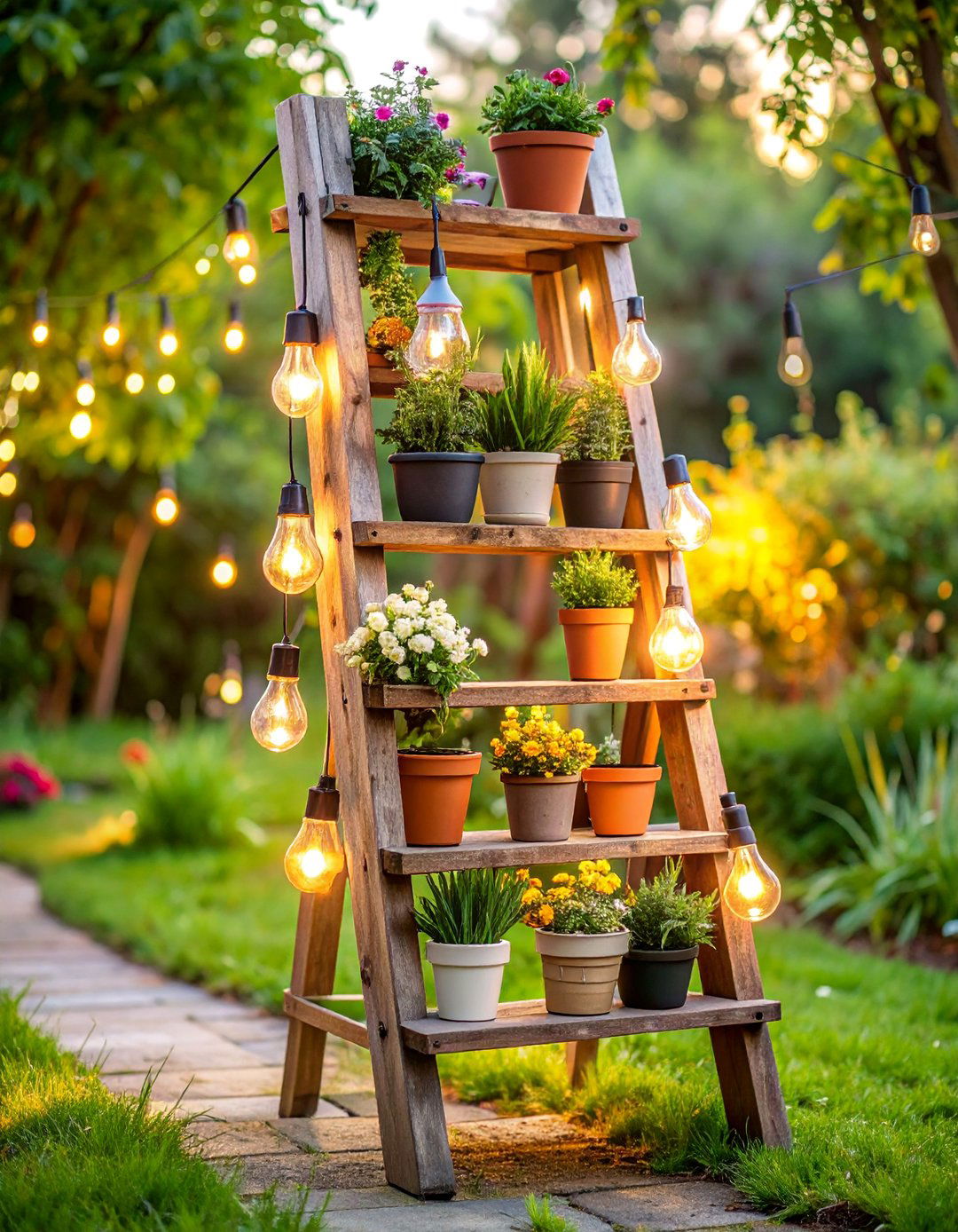 Upcycled Ladder Outdoor Plant Stand - 25 Outdoor Plant Stand Ideas