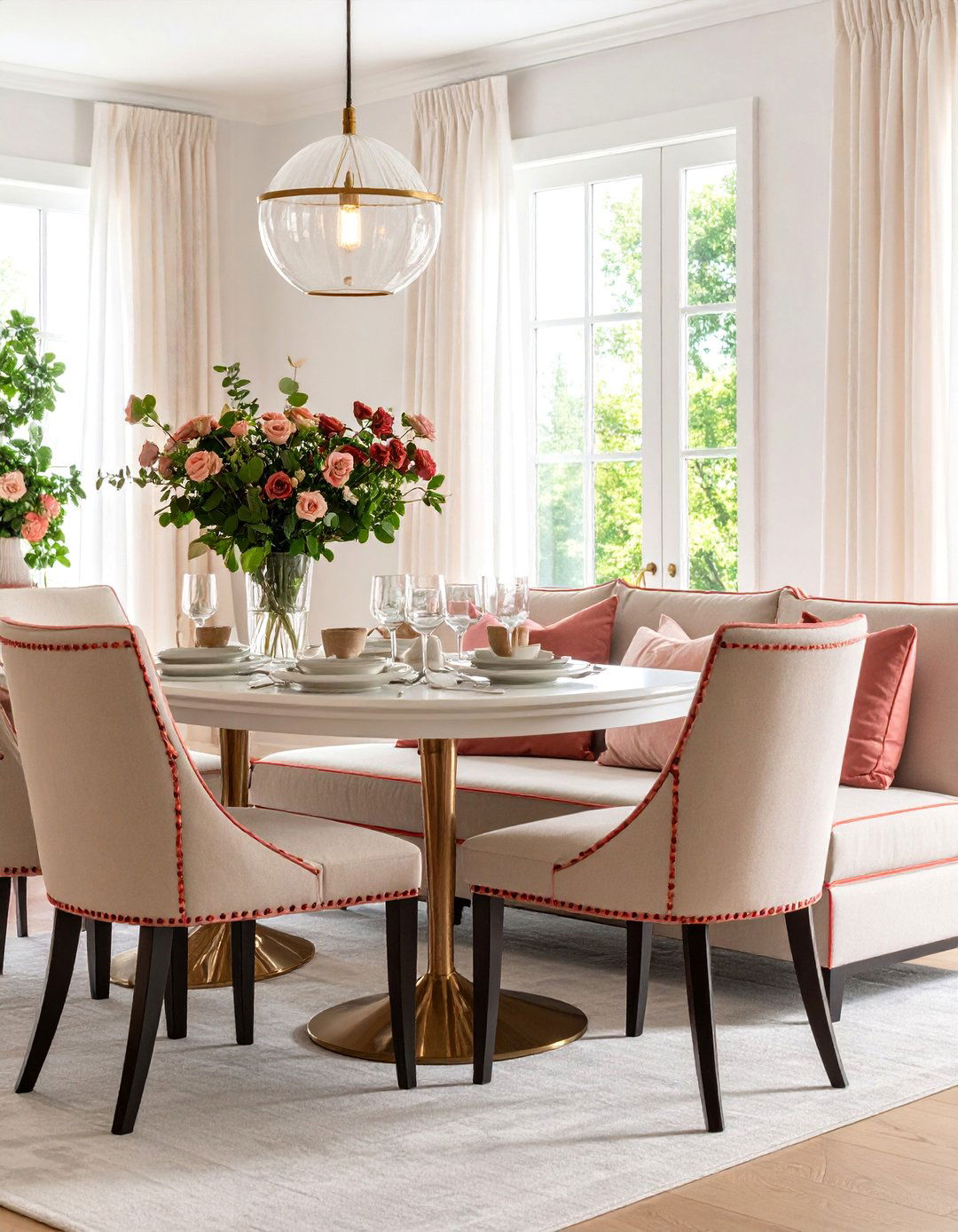 Upholstered Banquette with Contrasting Piping - 25 Banquette Seating Ideas