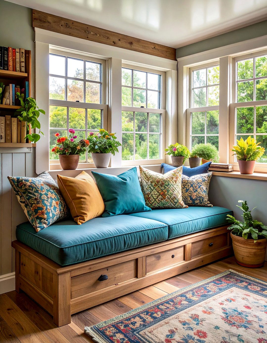 Upholstered Window Seat with Book Storage
