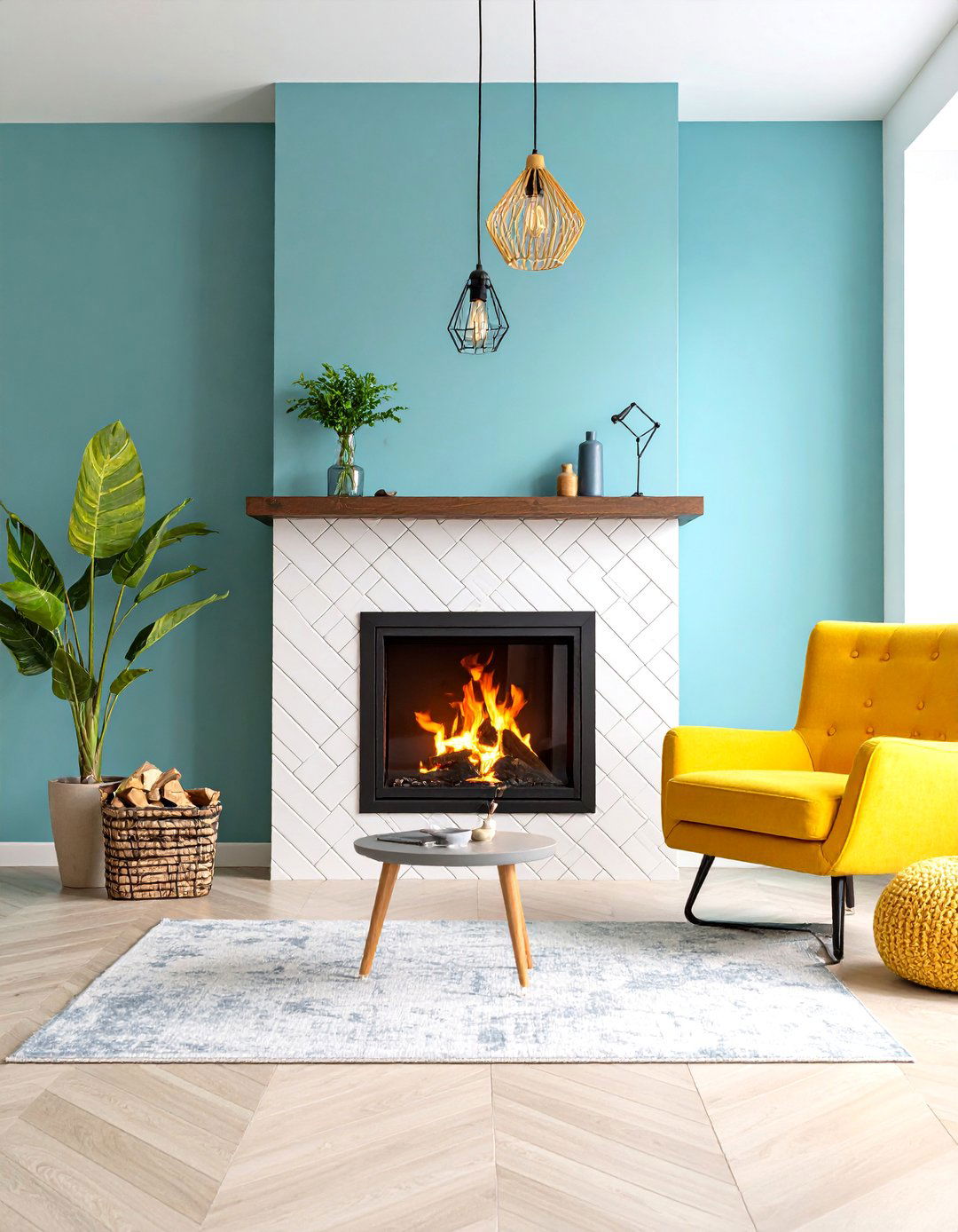 Urban Chic Fireplace with Subway Tile and Edison Lighting - 25 Faux Fireplace Ideas