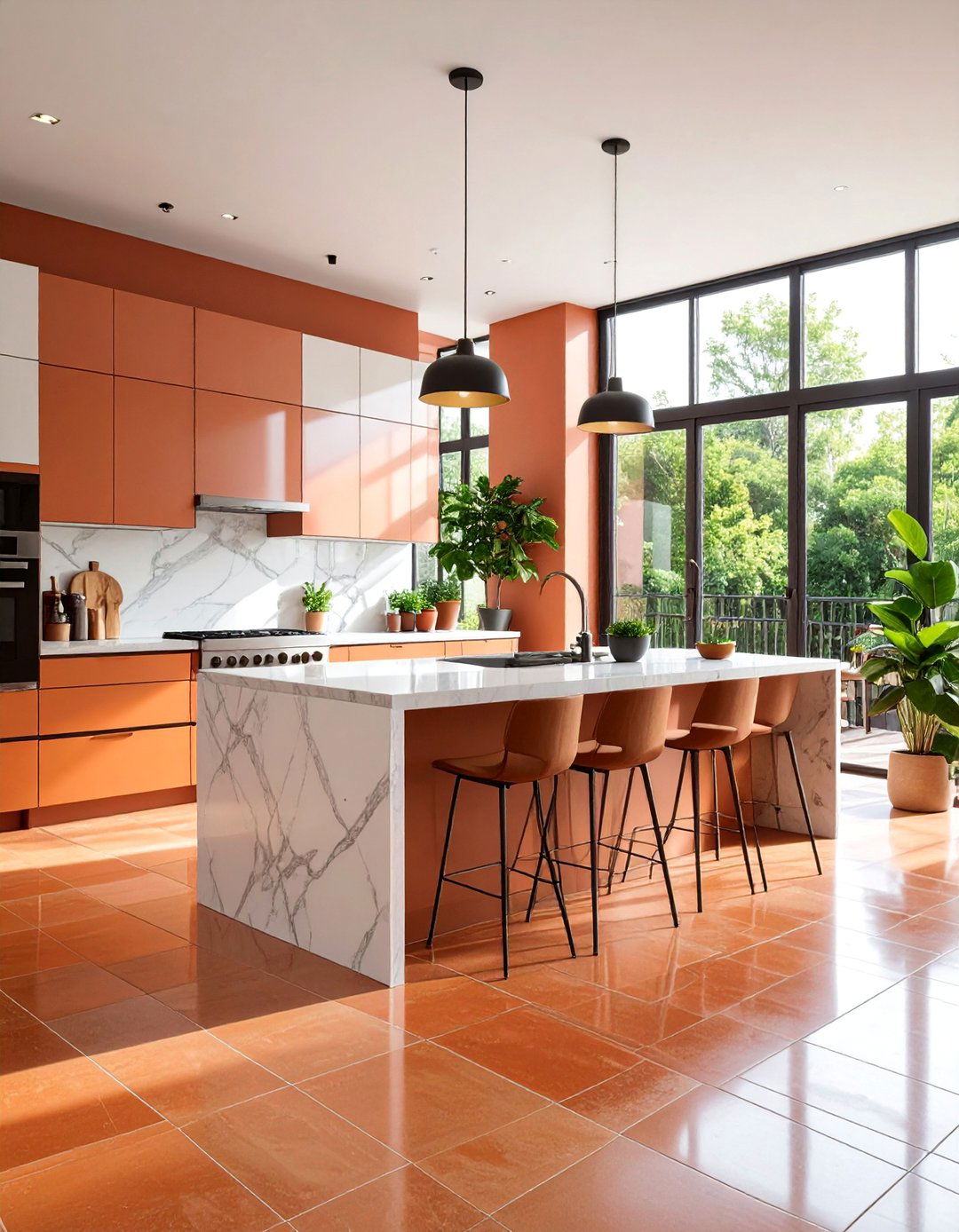 Urban Chic Terracotta Kitchen Floor with Glass Wall Extension - 25 Terracotta Kitchen Floor Ideas