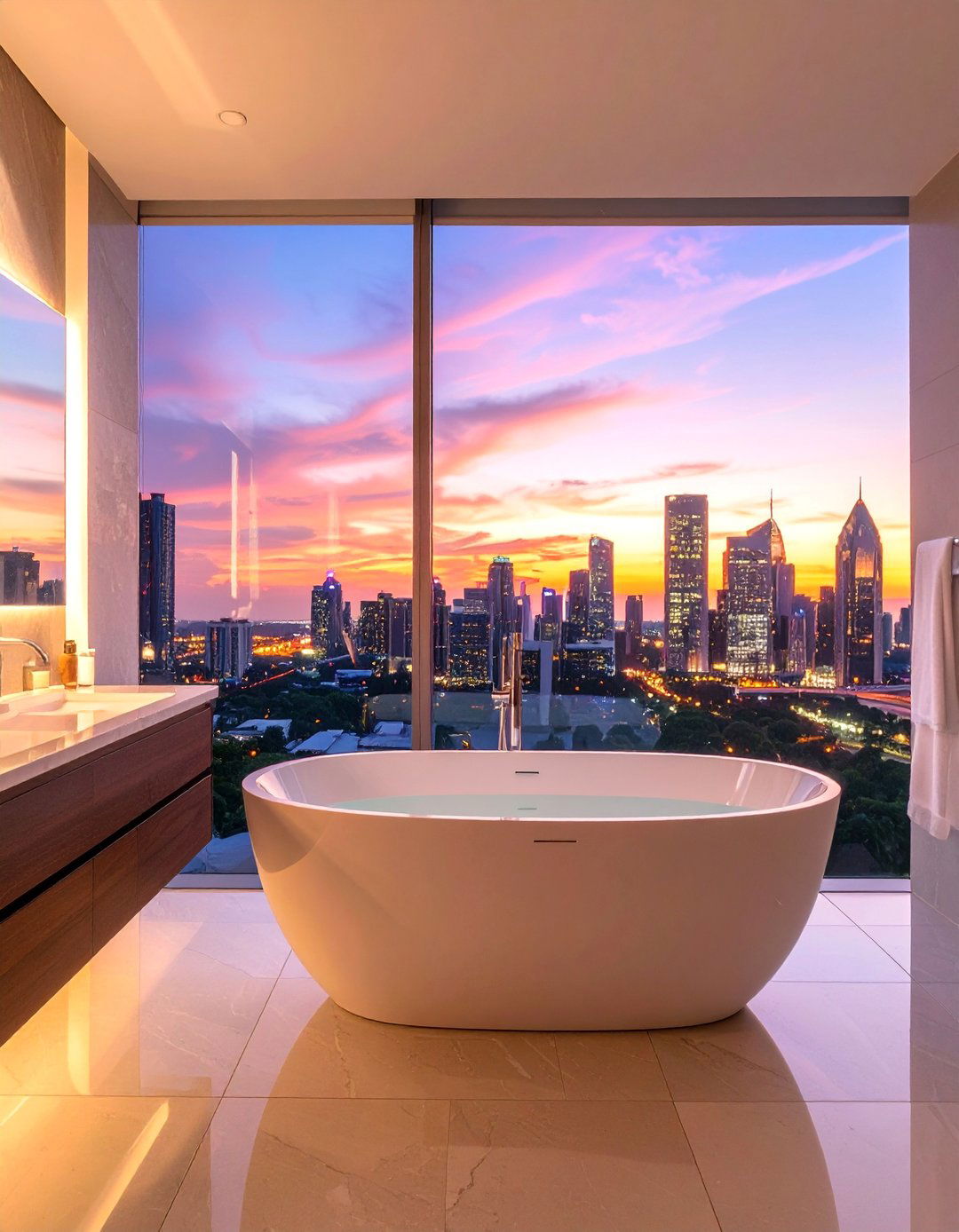 Urban Cityscape Skyline at Twilight - 25 Bathroom Mural Ideas