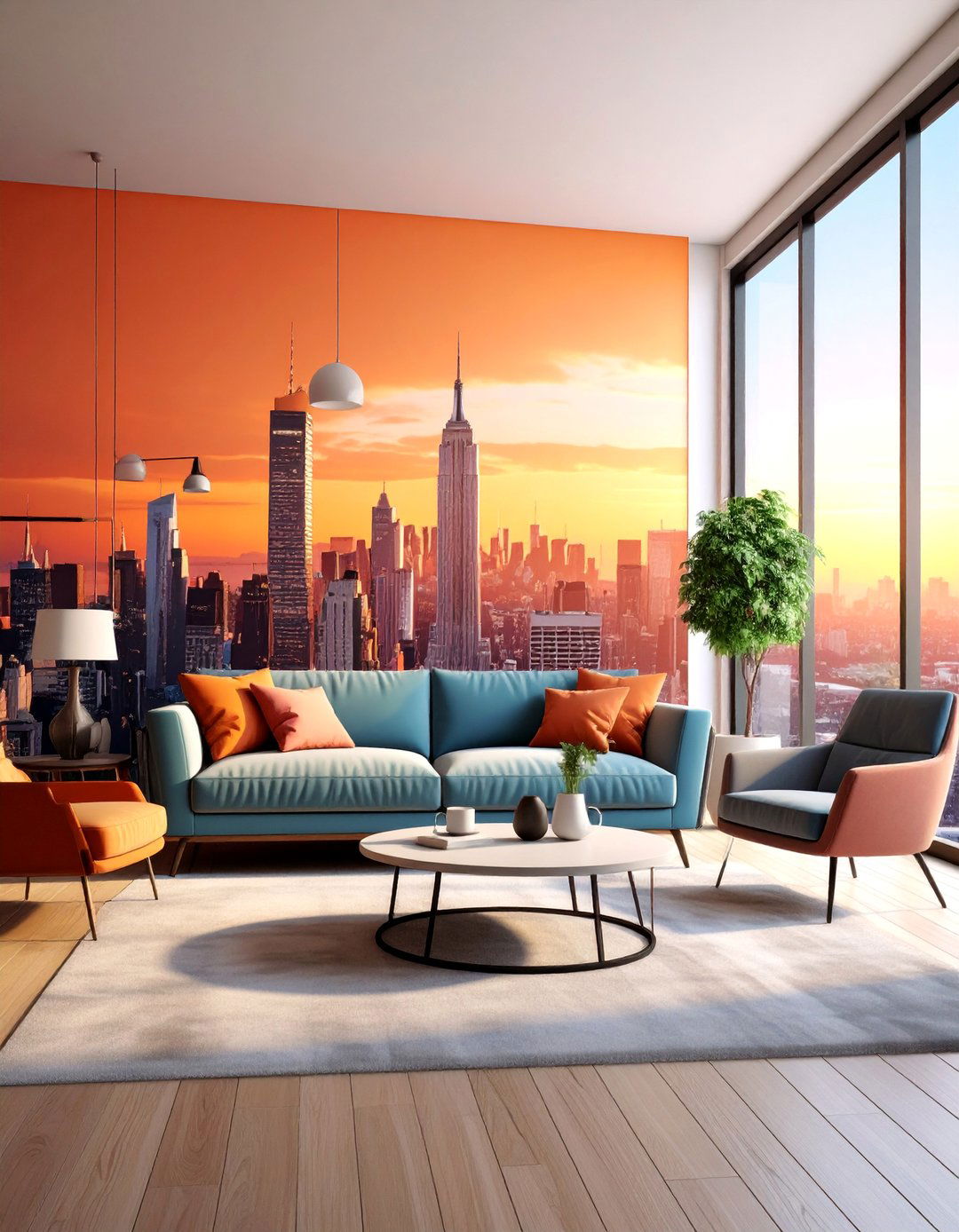 Urban Cityscape Wall Mural with Skyline Silhouettes - 25 Wall Mural Ideas