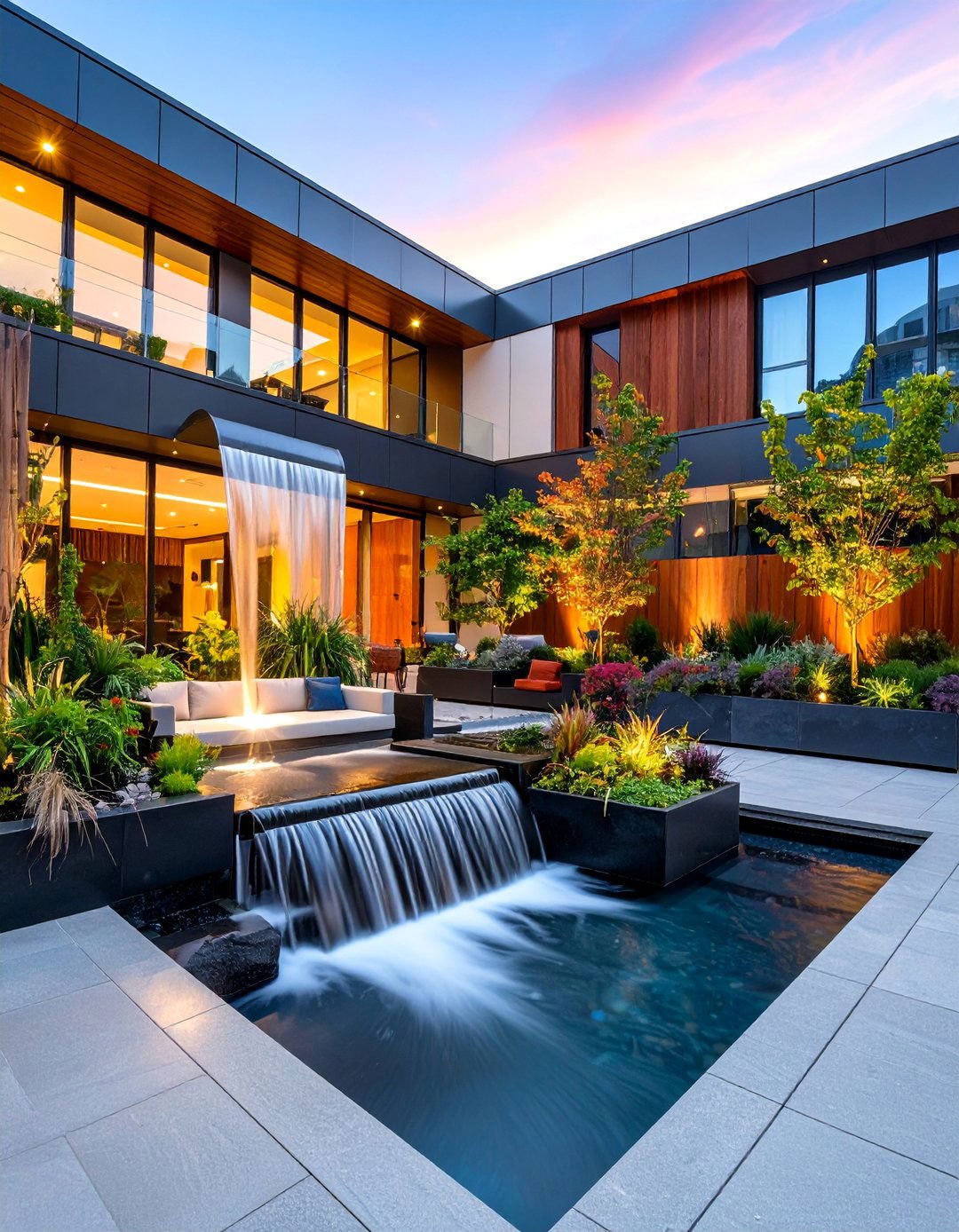 Urban Courtyard Waterfall - 25 Pondless Waterfall Design Ideas