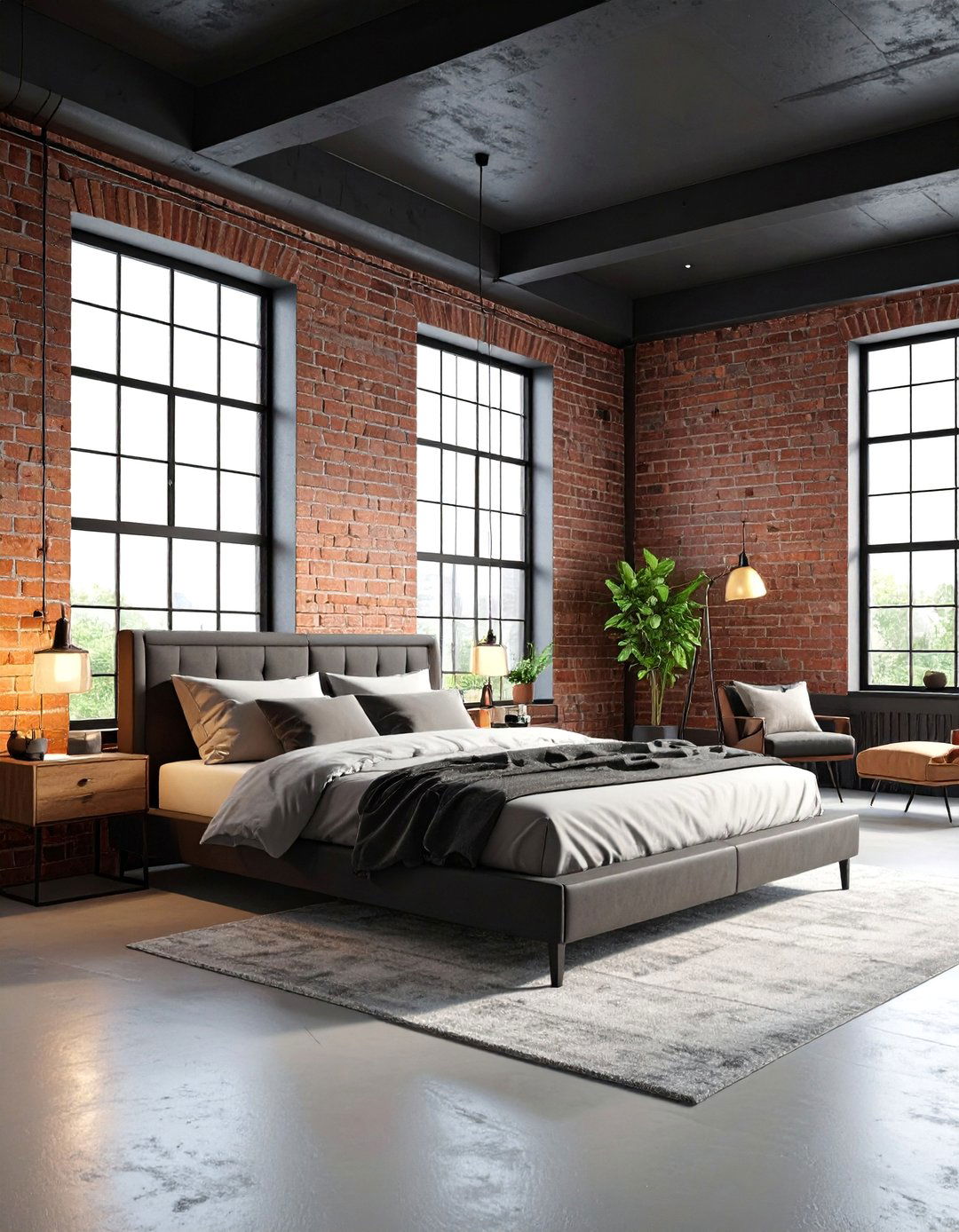 Urban Loft Bedroom with Black Concrete Ceiling - 25 Black Ceiling Design Ideas