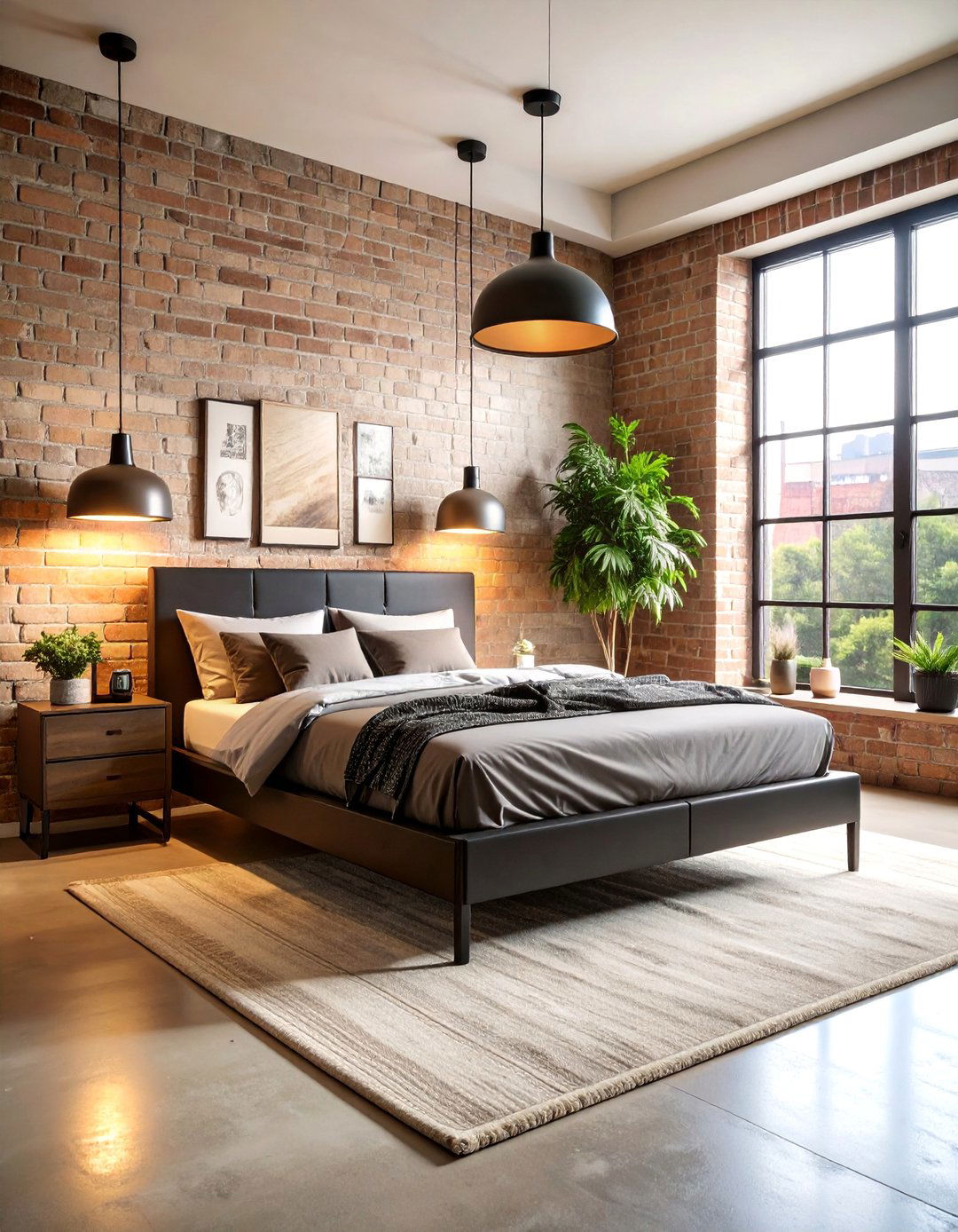 Urban Loft Bedroom with Statement Lighting - 25 Black and Beige Bedroom Design Ideas