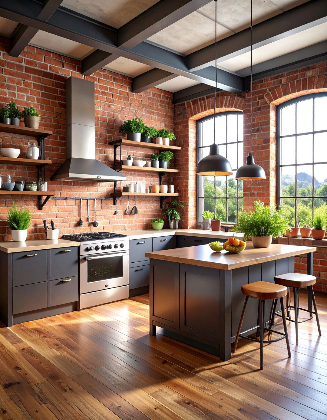 Urban Loft Kitchen with Exposed Brick and Metal Shelves - 25 Kitchens Without Upper Cabinets