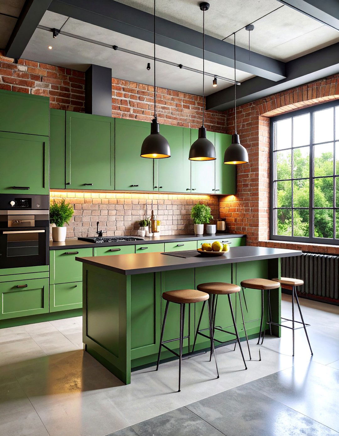 Urban Loft Kitchen with Sage Green Cabinets and Black Steel - 25 Sage Green and Black Kitchen Ideas