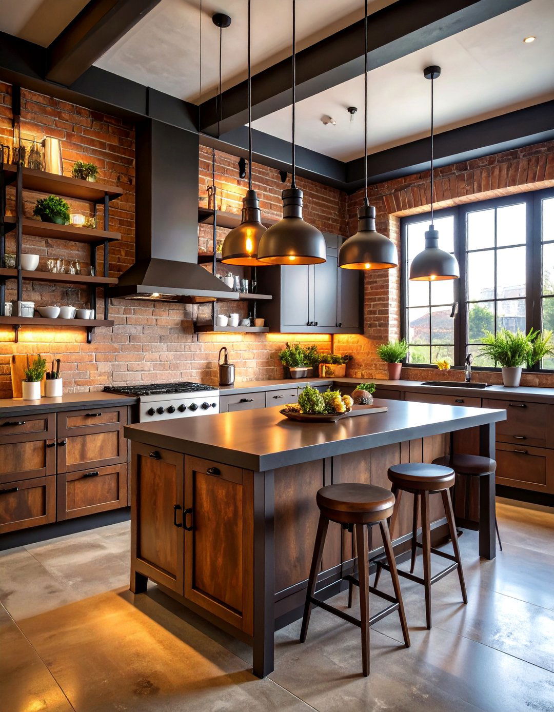 Urban Loft Kitchen with Weathered Brown Metal Cabinets - 25 kitchen with brown cabinets and black countertops ideas