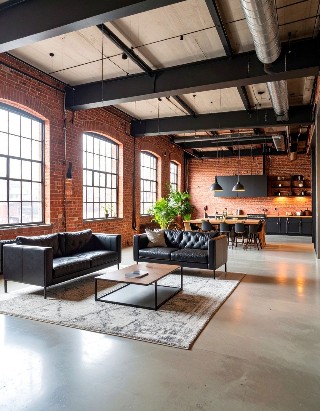 Urban Loft Living Room with Red Exposed Brick and Black Steel - 25 Black and Red Living Room Ideas