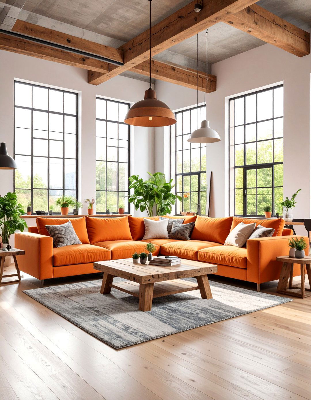 Urban Loft Orange Couch Living Room with High Ceilings - 25 Orange Couch Living Room Ideas