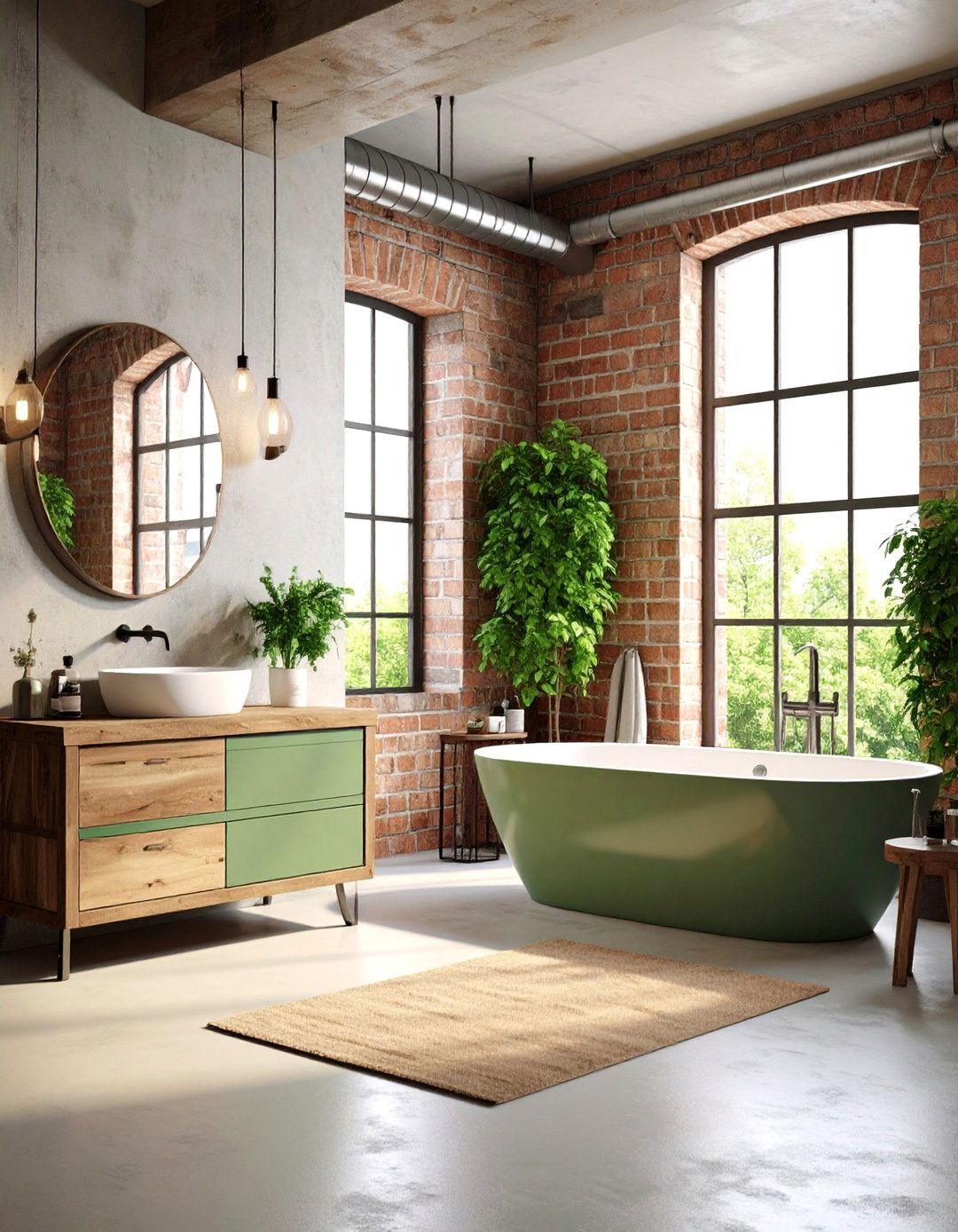 Urban Loft Sage Green Bathroom with Cream Exposed Brick - 25 Sage Green and Cream Bathroom Ideas