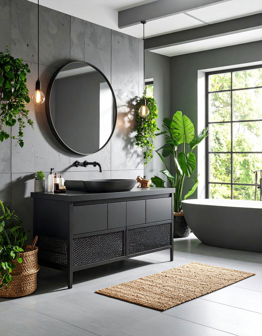 Urban Loft Style Anthracite Vanity with Metal Mesh Details - 25 Grey Bathroom Vanity Design Ideas