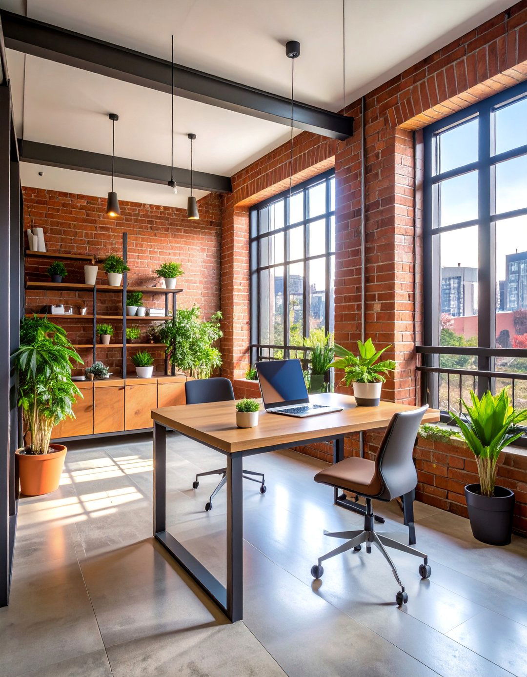 Urban Loft Style Balcony Office with Brick Accents - 25 Balcony Office Ideas