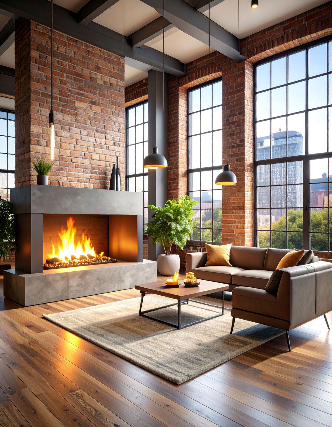 Urban Loft Three Sided Fireplace with Exposed Brick - 25 3 Sided Fireplace Ideas