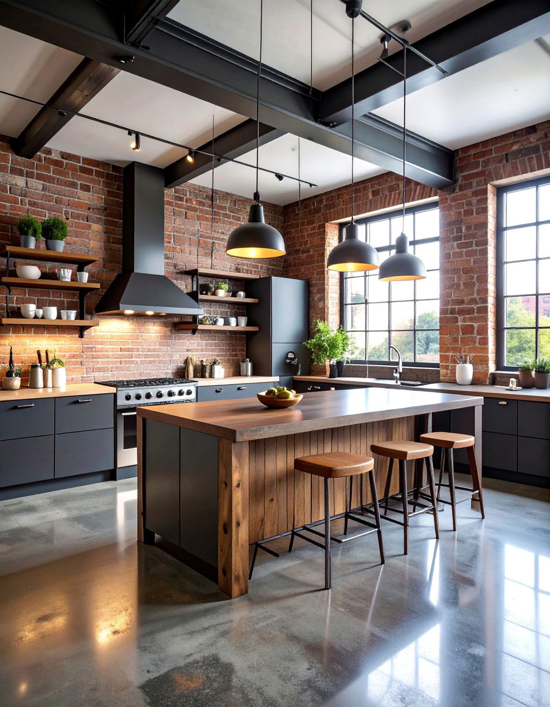 Urban Loft with Black Polished Concrete - 25 Black Floor Kitchen Ideas