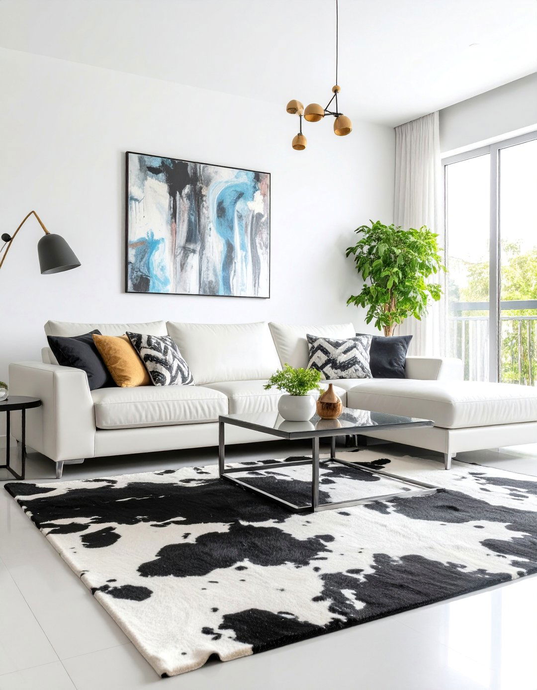 Urban Modern Living Room with Cowhide Rug - 25 Living Room Rug Ideas