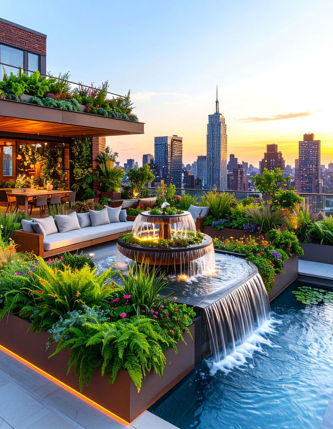 Urban Oasis with Cascading Water Features - 25 Rooftop Garden Ideas