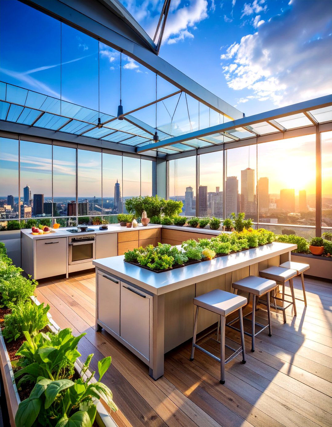 Urban Rooftop Greenhouse Kitchen with City Views - 25 Greenhouse Kitchen Design Ideas