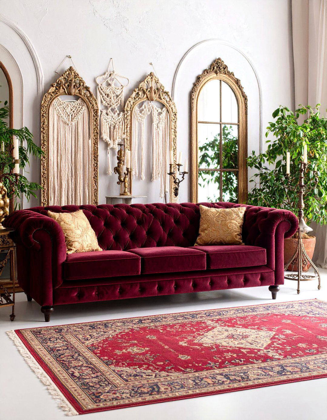 Velvet Gothic Lounge with Macrame Accents - 25 Gothic Boho Decor Ideas