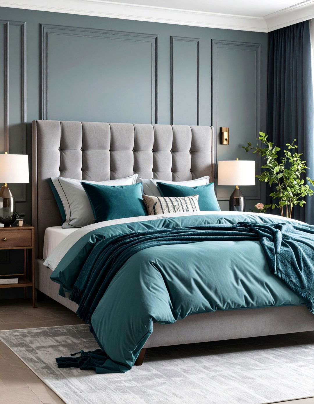 Velvet Grey Headboard with Teal Bedding - 25 Teal and Grey Bedroom Ideas