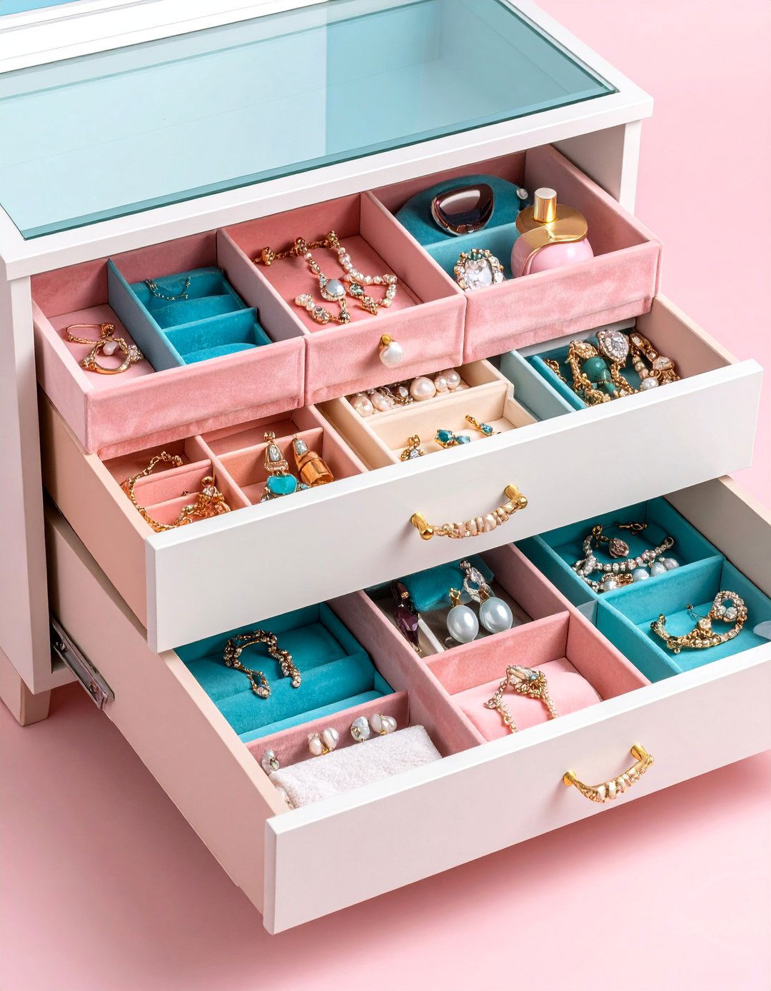 Velvet Lined Jewelry Integration with Beauty Storage - 25 vanity organization ideas