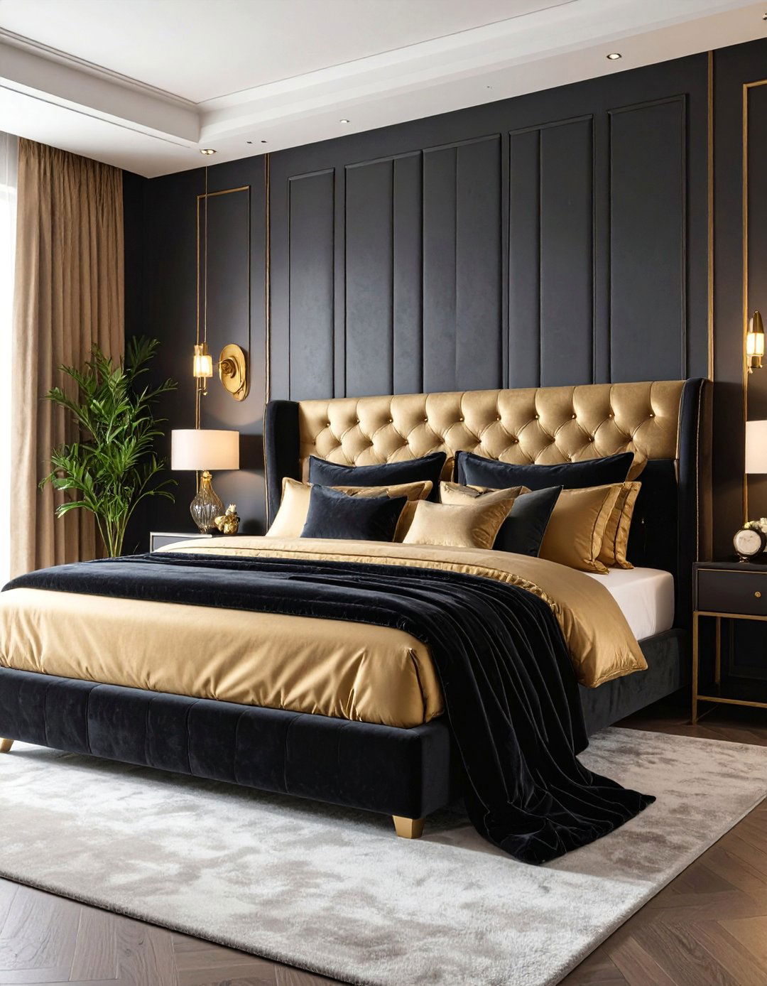 Velvet Luxury Master Bedroom with Upholstered Headboard - 25 Black and Gold Bedroom Ideas