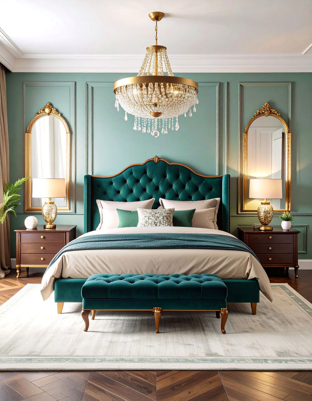 Velvet Tufted Grandmillennial Bedroom with Brass Details - 25 Grandmillennial Style Bedroom Ideas