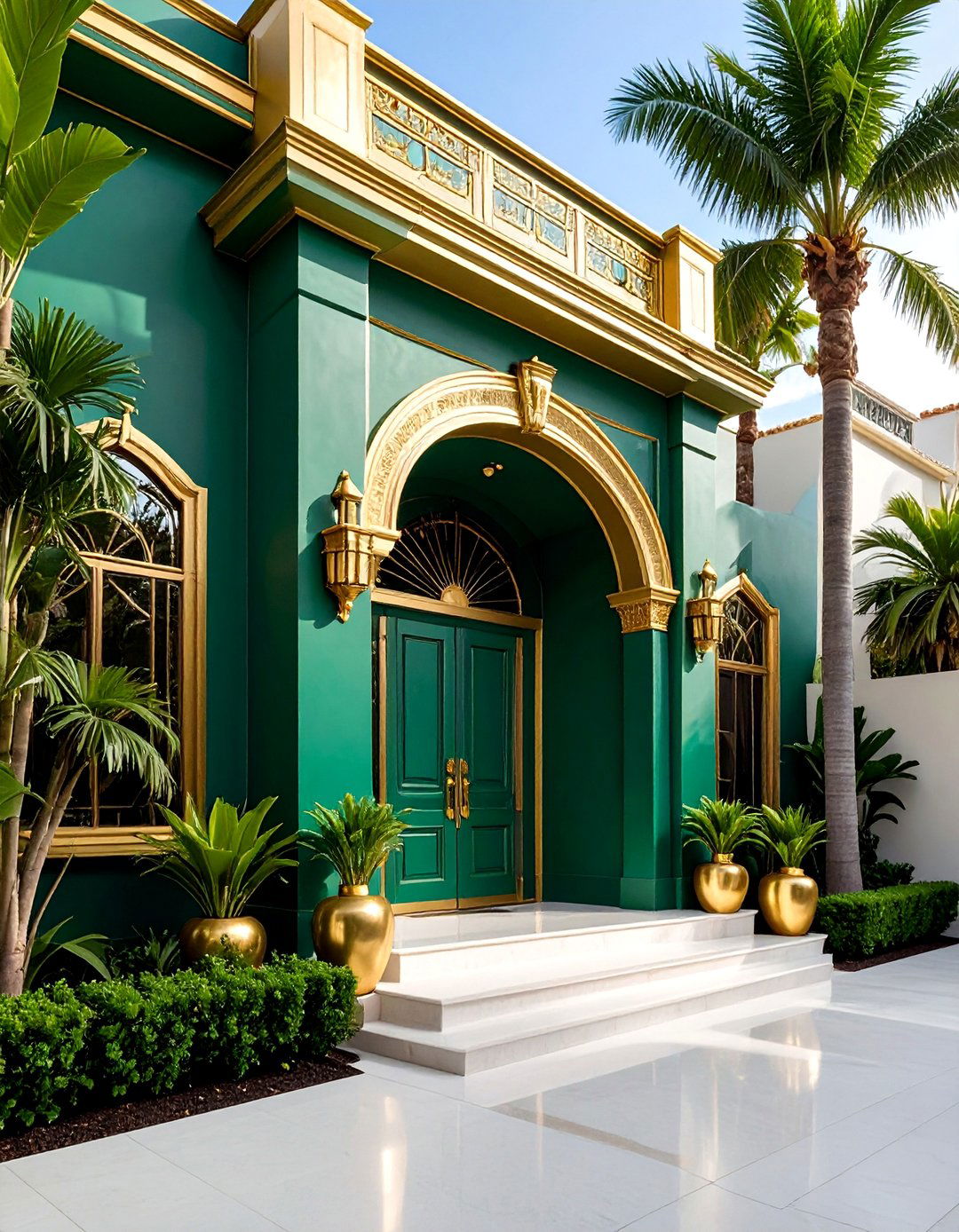 Verdigris Green Art Deco with Gold Accents - 25 Dark Green Exterior Paint Color Schemes