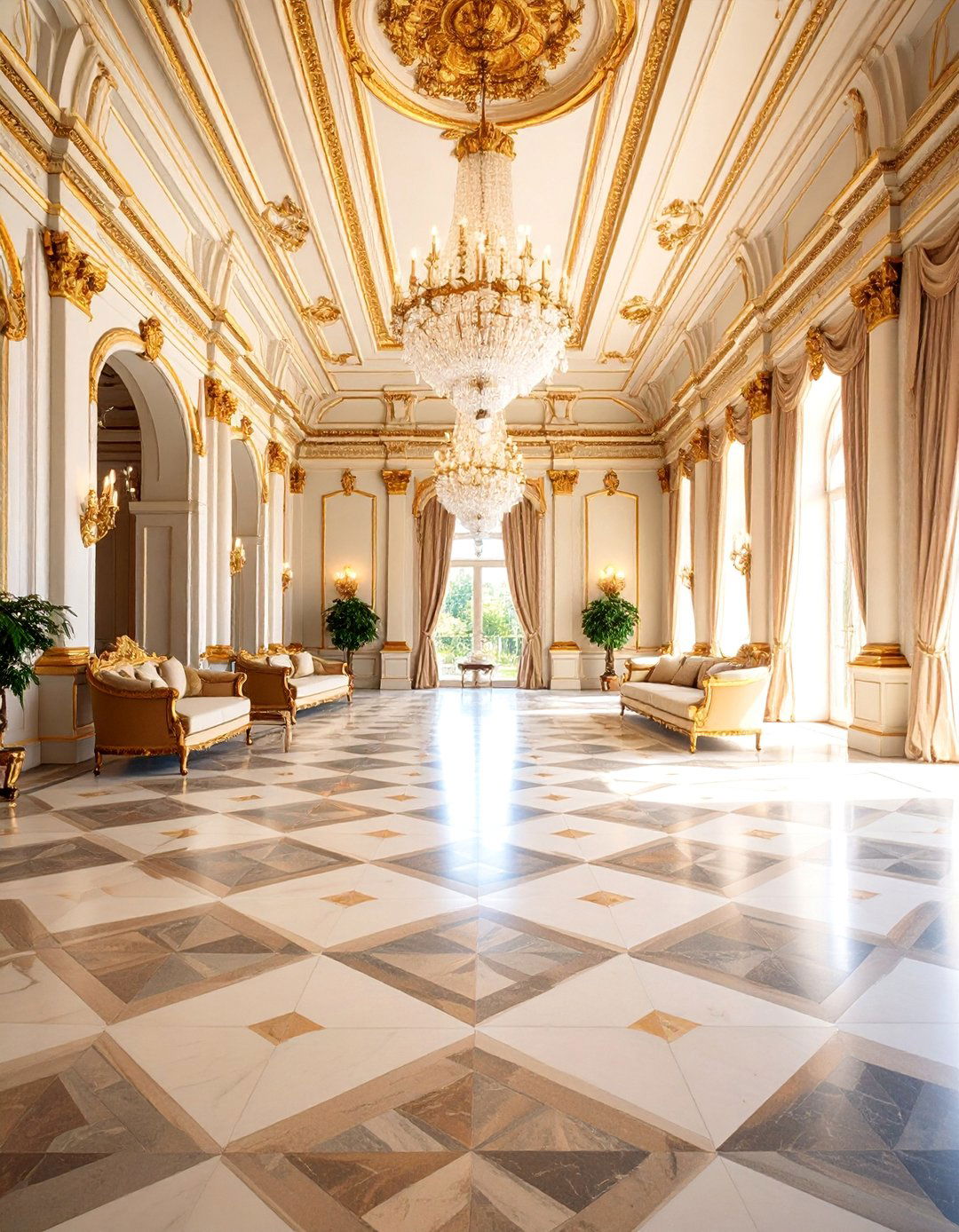 Versailles Pattern Living Room with Palace Grandeur - 25 Living Room Wood Floor Ideas