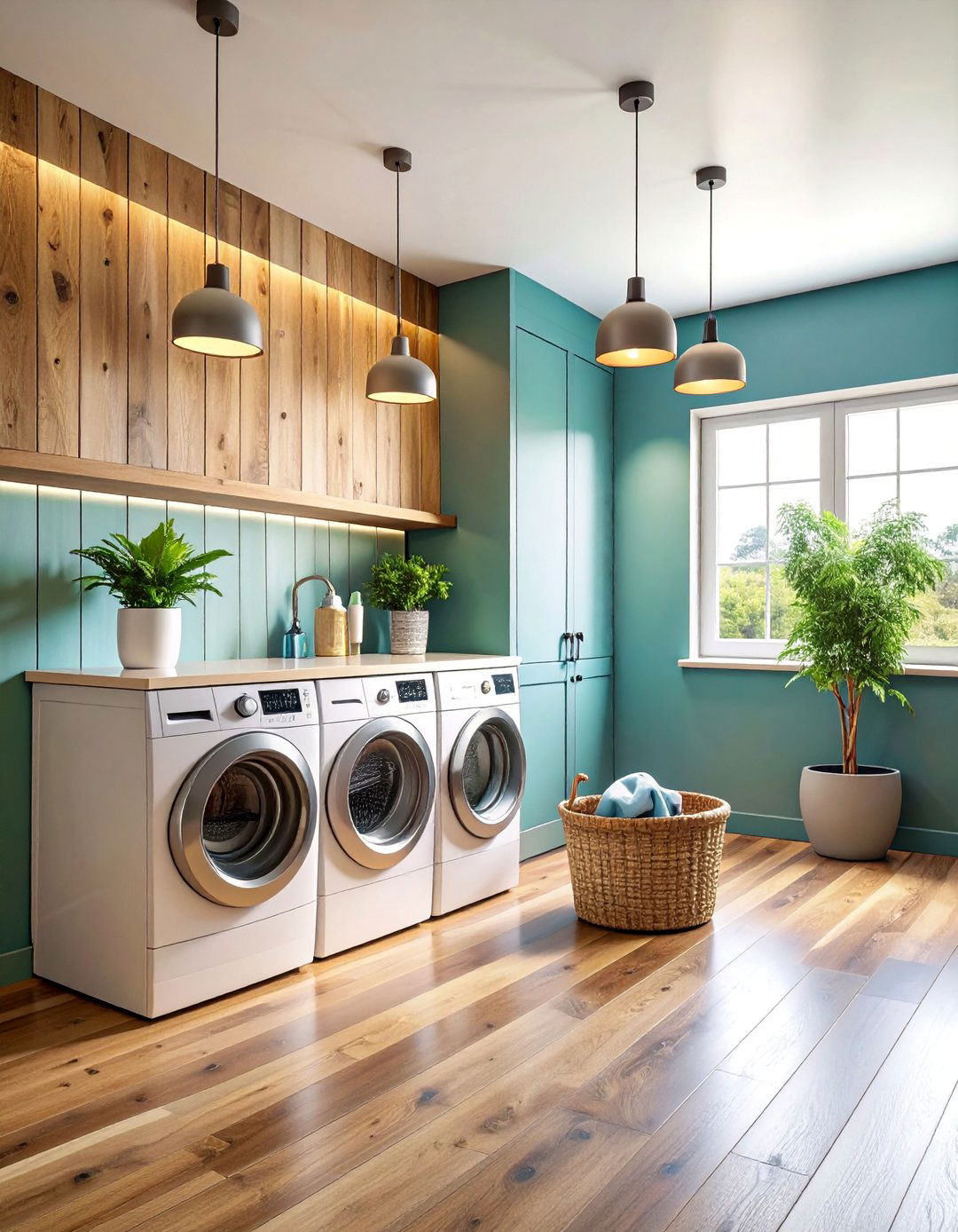 Vertical Barn Wood Shiplap with Modern Lighting - 25 Shiplap Laundry Room Ideas