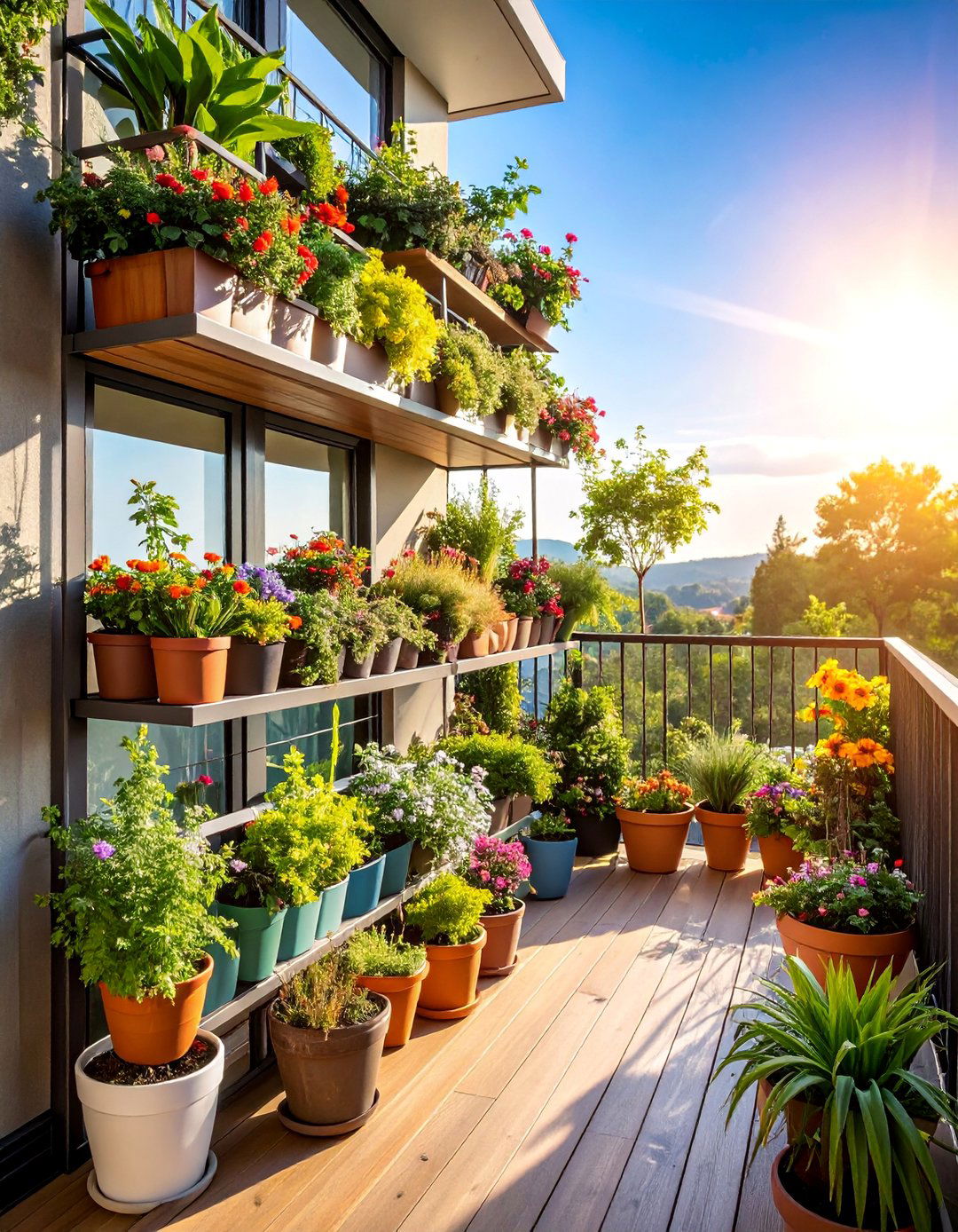 Vertical Garden Paradise with Tiered Planters - 25 Small Balcony Ideas