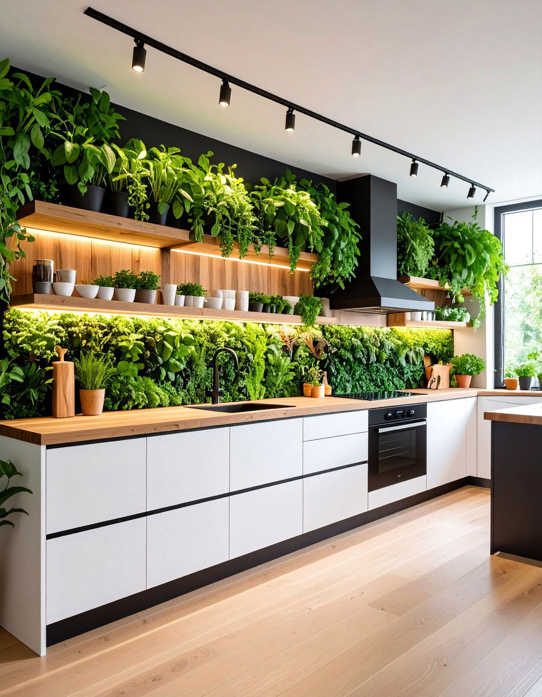 Vertical Garden Wall with Natural Integration - 25 Small Kitchen with Black Appliances Ideas