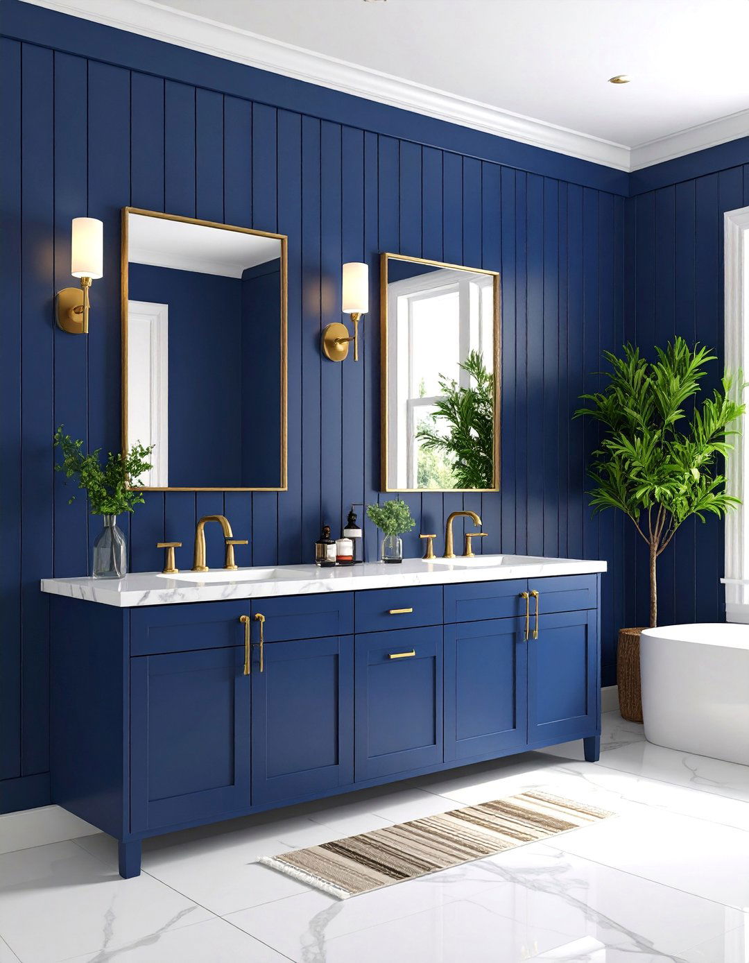 Vertical Navy Blue Shiplap with Modern Fixtures - 25 shiplap bathroom ideas