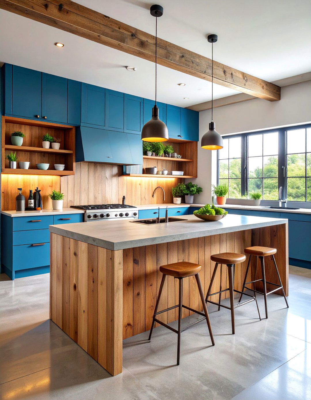 Vertical Pine Shiplap Island with Concrete Waterfall Countertop - 25 Kitchen Shiplap Ideas With Kitchen Island Ideas