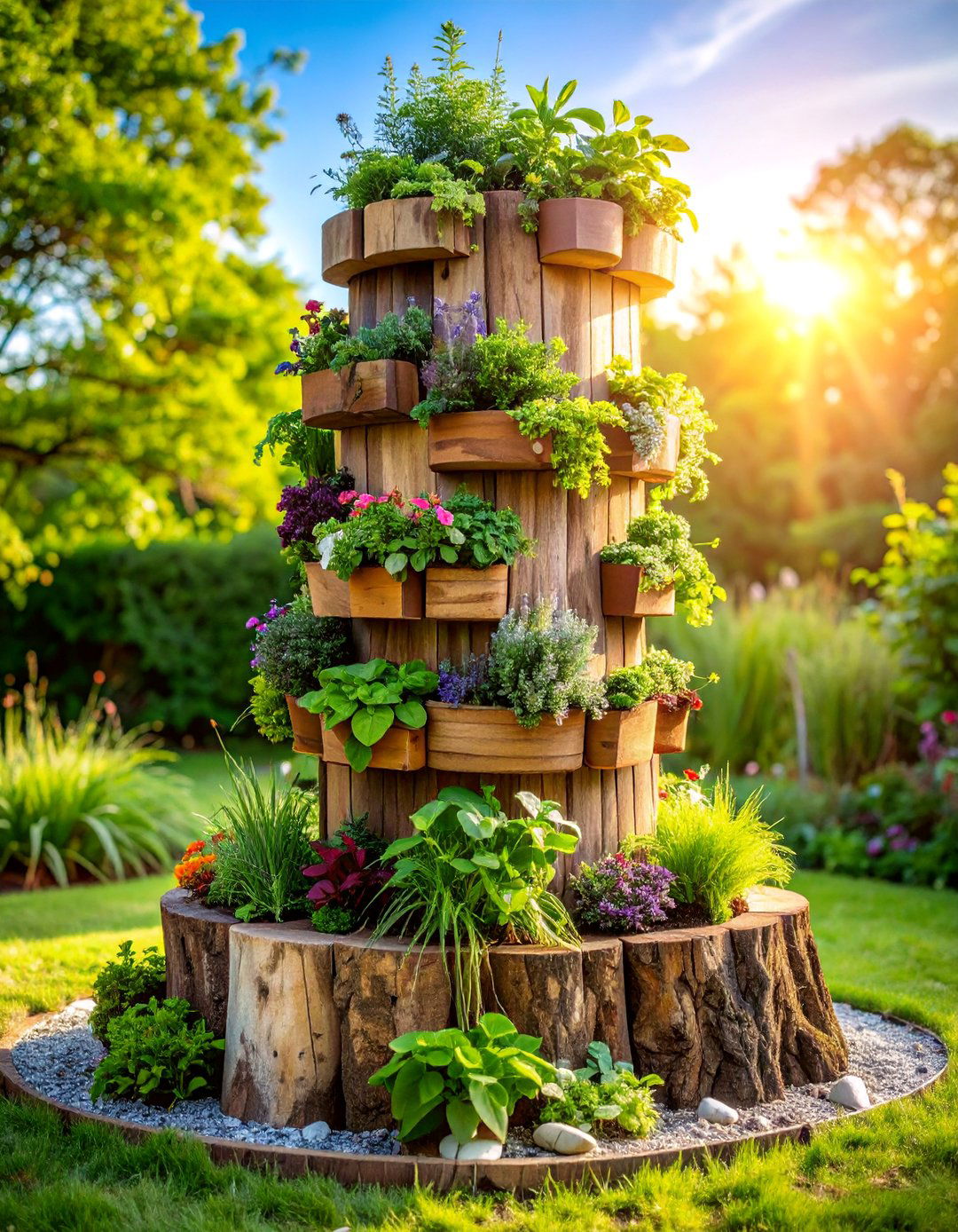 Vertical Tree Stump Herb Garden Tower - 25 Tree Stump Decorating Ideas