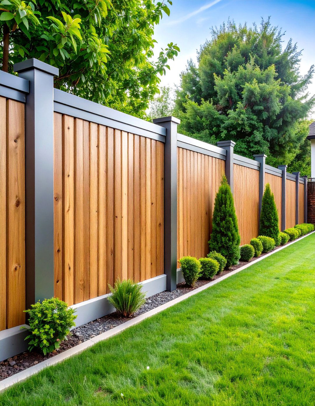 Vertical Wood Slats with Metal Trim Design - 25 Metal and Wood Fence