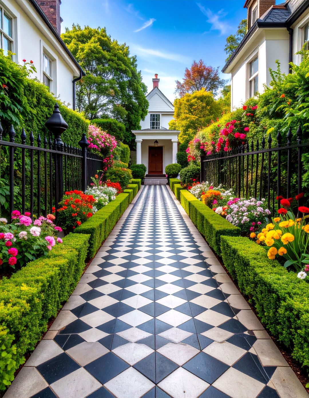 Victorian Black and White Checkerboard Path Garden - 25 Victorian Front Garden Ideas