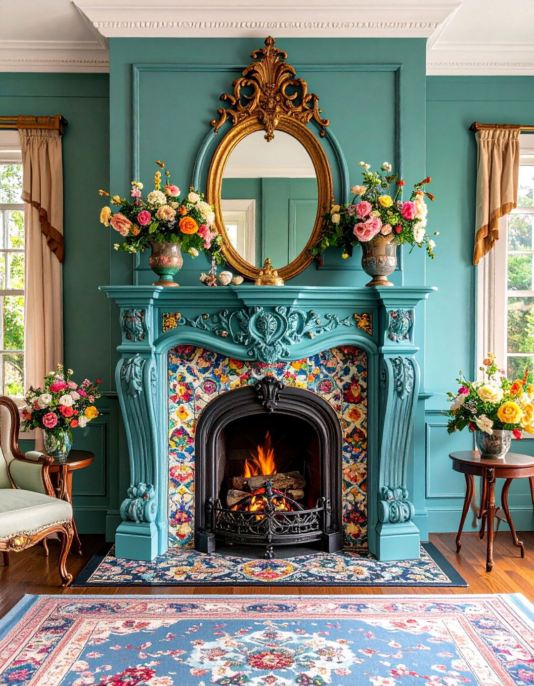 Victorian Cast Iron Fireplace with Ornate Decorative Tiles - 25 Traditional Fireplaces