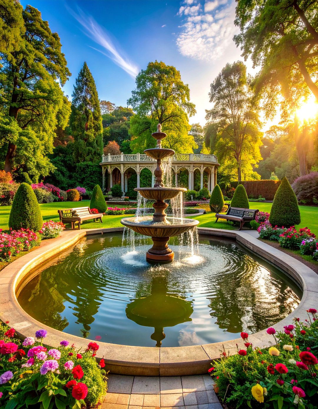 Victorian Garden Duck Pond with Ornate Fountain Centerpiece - 25 Duck Pond Ideas