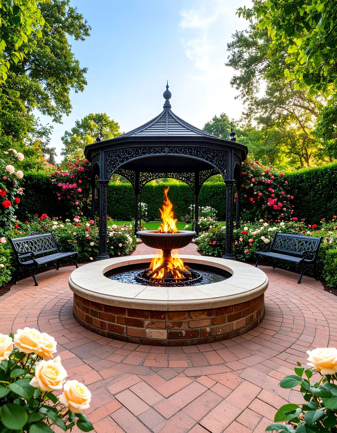 Victorian Garden Fire Pit with Ornate Ironwork and English Roses - 25 Sunken Fire Pit Ideas