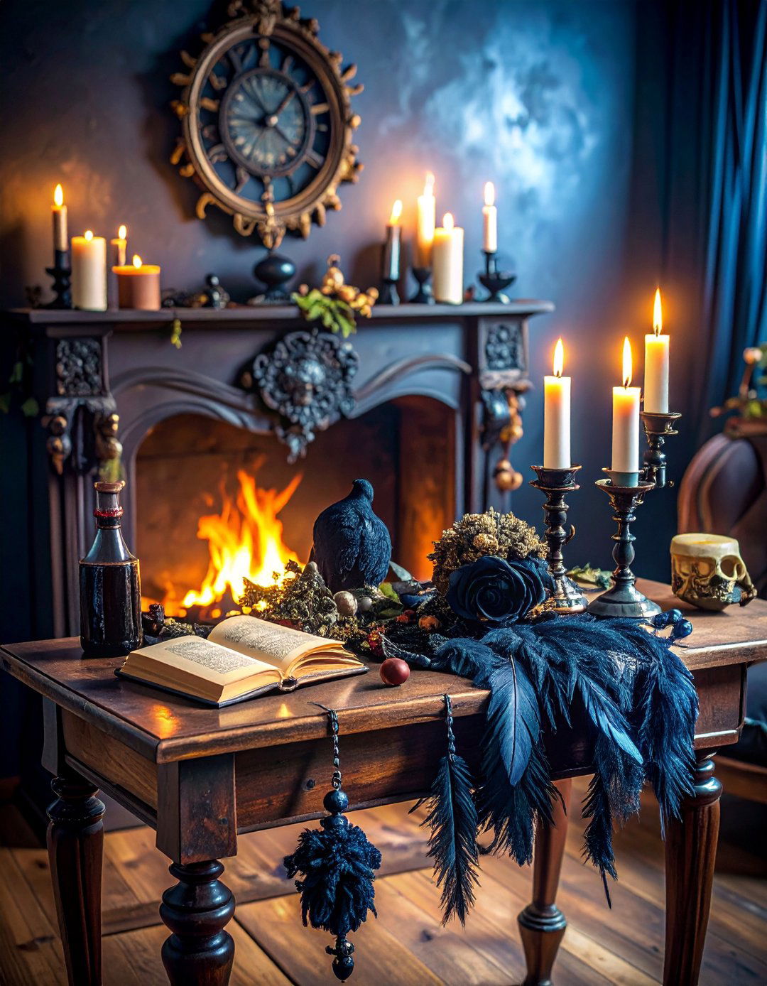 Victorian Gothic Dried Black Roses and Crow Feathers - 25 Mantel Garland Ideas
