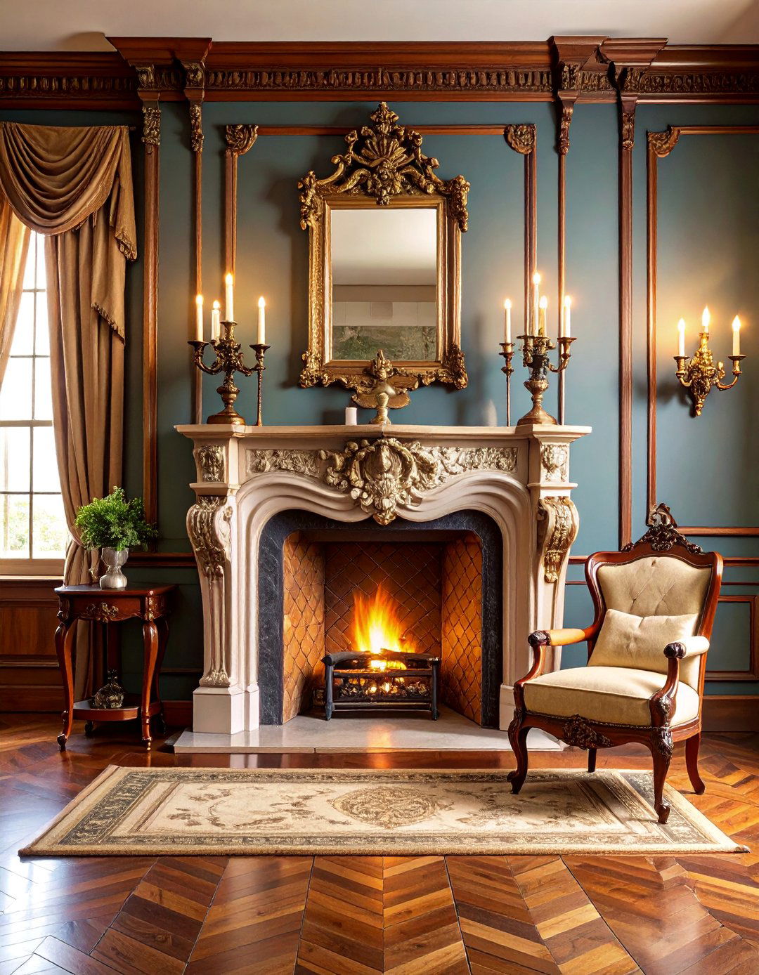 Victorian Gothic Fireplace with Dark Wood and Ornate Details - 25 Faux Fireplace Ideas