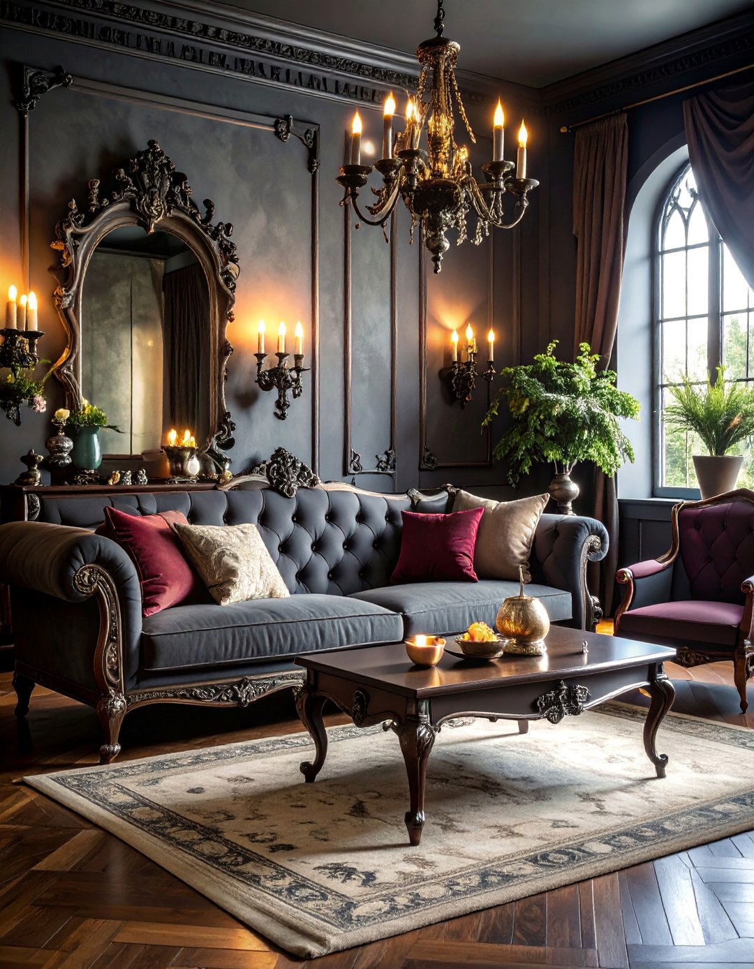 Victorian Gothic Grey Couch Room with Dark Romantic Elements - 25 Grey Couch Living Room Ideas