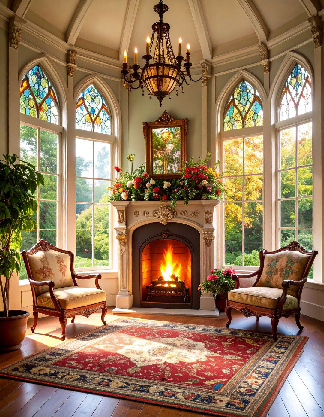Victorian Gothic Revival Fireplace with Ornate Details - 25 Sunroom With Fireplace Ideas